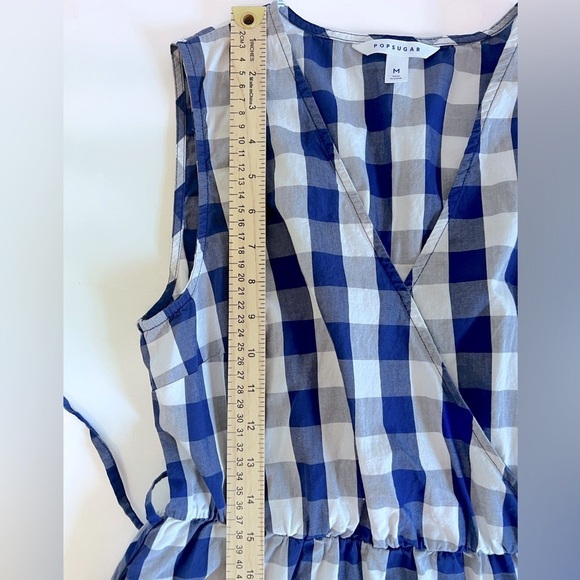 POPSUGAR GINGHAM DRESS SZ M RUFFLE HEM FAUX WRAP SKIRT BLUE WHITE - Picture 11 of 15